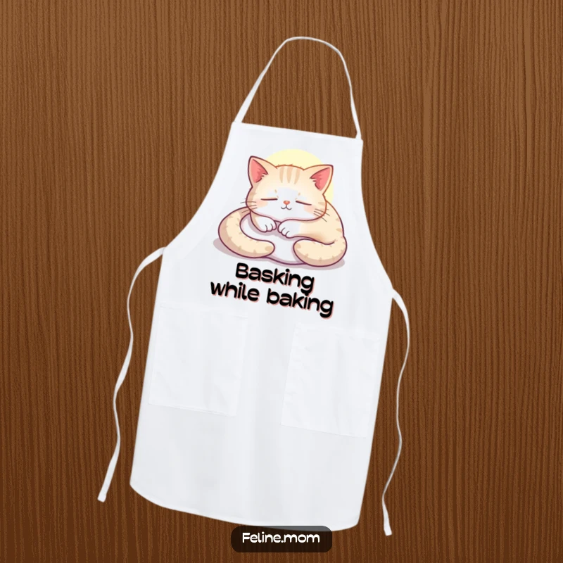 Funny cat apron, a contented feline napping in a sunbeam, ideal for relaxing cooks.