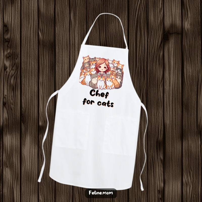 Funny apron showing a woman surrounded by a purring mob of cats, looking pleased. A humorous kitchen or craft accessory.