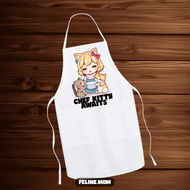 Funny Kawaii cat lady character offering a bowl of milk to a cat, on a functional and stylish apron. Perfect for the caring cook.