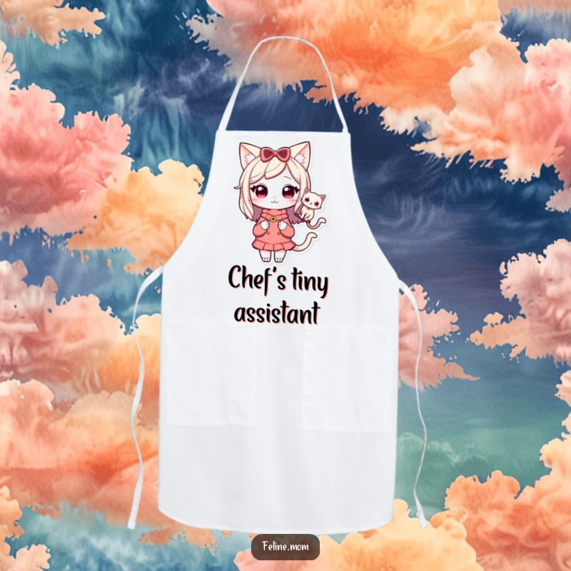 Funny Kawaii Cat Lady Apron showing a cute character with a cat perched on her shoulder, perfect for kitchen activities.