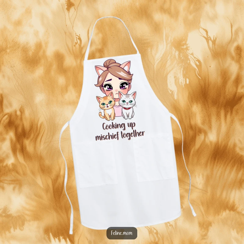 Funny apron illustrating a woman with a knowing smirk and a mischievous cat, perfect for adding humorous flair to kitchen activities.