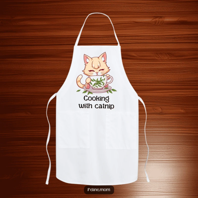Funny illustration of a cat lady attempting to drink from a teacup filled with catnip, on an apron.
