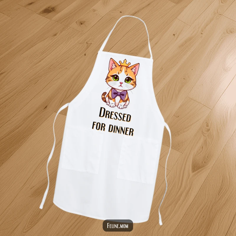 Funny Apron designed with a regal calico cat sporting a formal bowtie, ready to assist in the kitchen with dignity.