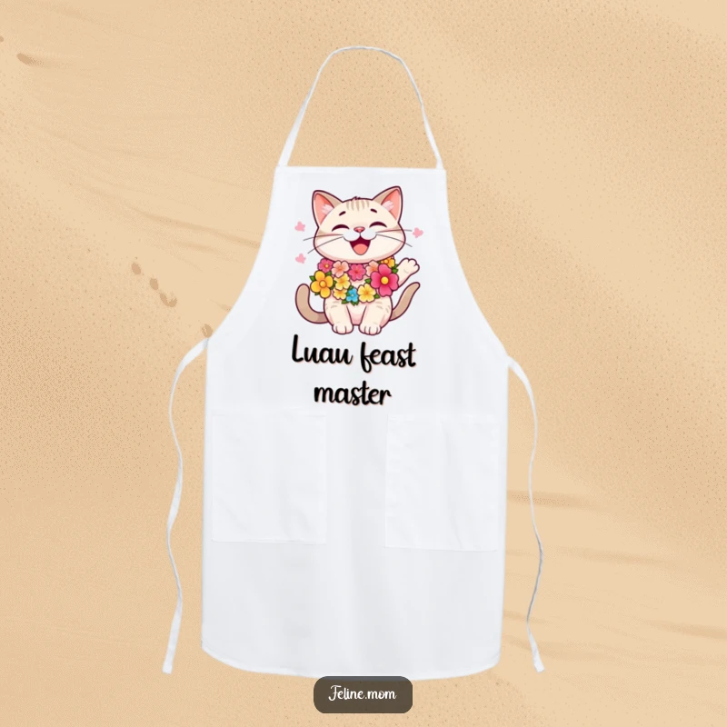 Funny happy cat wearing a colorful lei, swaying, tropical apron, kitchen wear, cooking fun, funny gift.