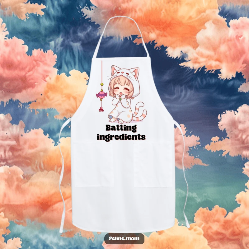 Funny apron showing a woman dressed as a cat, playfully batting at a dangling toy. A humorous kitchen or craft accessory.