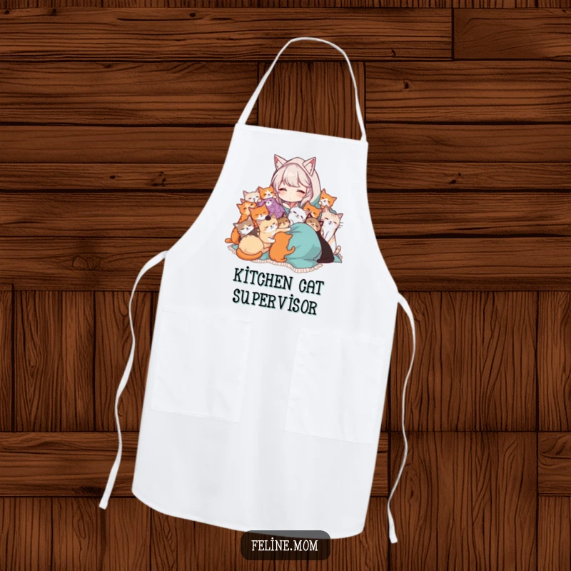 Funny Cat Lady apron featuring a woman in a blanket being cuddled by many cats. Humorous and practical kitchen wear for feline enthusiasts.