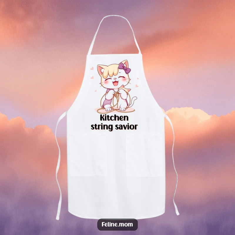 Funny cat lady joyfully attempting to untangle a cat from a string, on a practical and humorous apron.