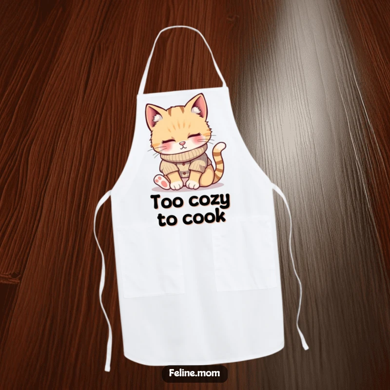 Funny apron with a cat wearing a knitted sweater, napping peacefully in a sunbeam, perfect for adding calm and humor to cooking or gifting.