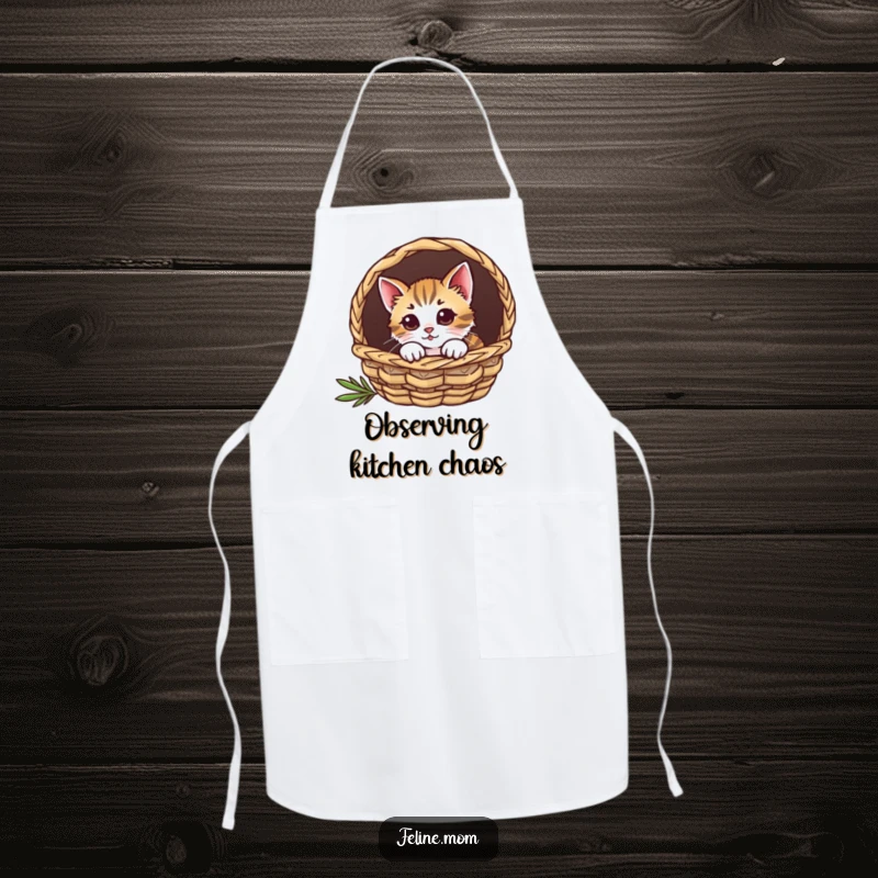 Funny cat apron, a curious feline peeking out from a cozy basket, great for the kitchen.