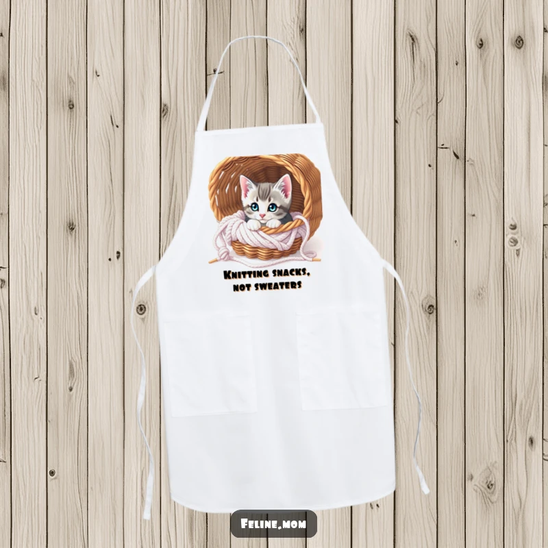 Funny Curious Kitten Knitting Apron: A cute kitten peeks from a knitting basket, adding a playful touch to your kitchen attire.