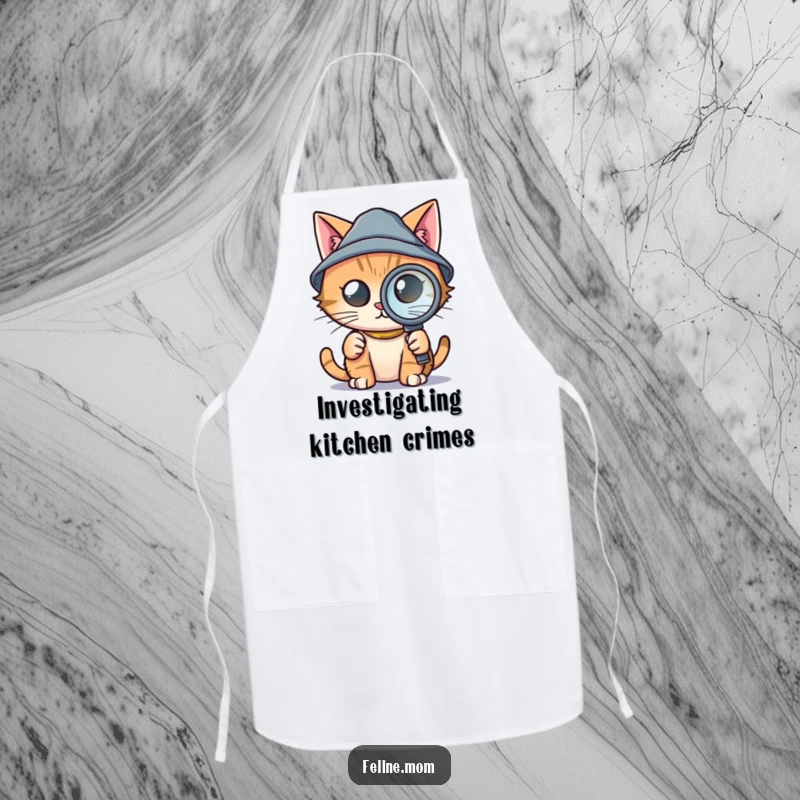 Funny apron with a cat wearing a tiny detective hat and holding a magnifying glass, ready for kitchen investigations, perfect for gifting.