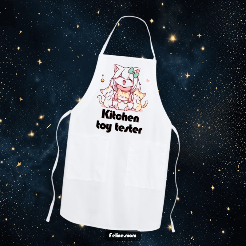 Funny Kawaii Cat Lady Apron showing a cute character with cats batting at a dangling toy, perfect for kitchen activities.