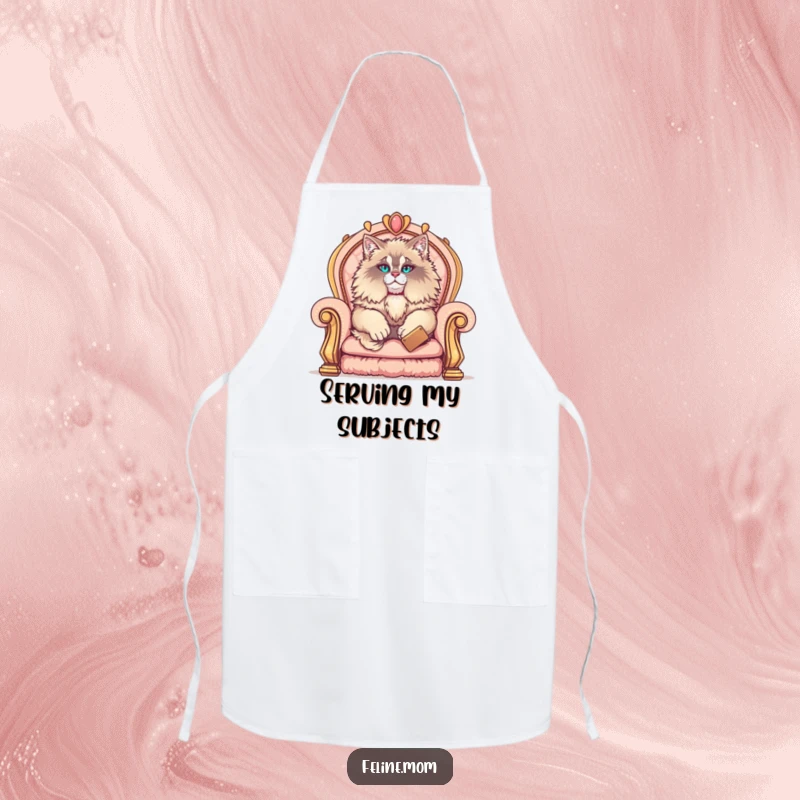 Funny Maine Coon apron with a fluffy cat lounging on a throne, depicted as a royal chef ready to serve up hilarious culinary masterpieces.