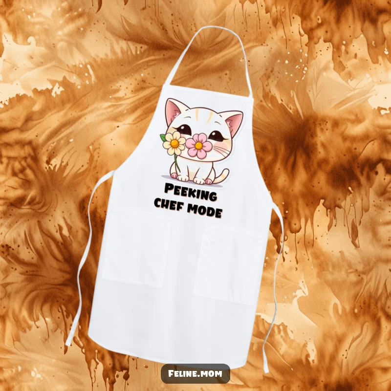 Funny and practical apron with a shy cat wearing a flower, peeking out. Ideal for protecting clothes while adding a splash of humor to the kitchen.