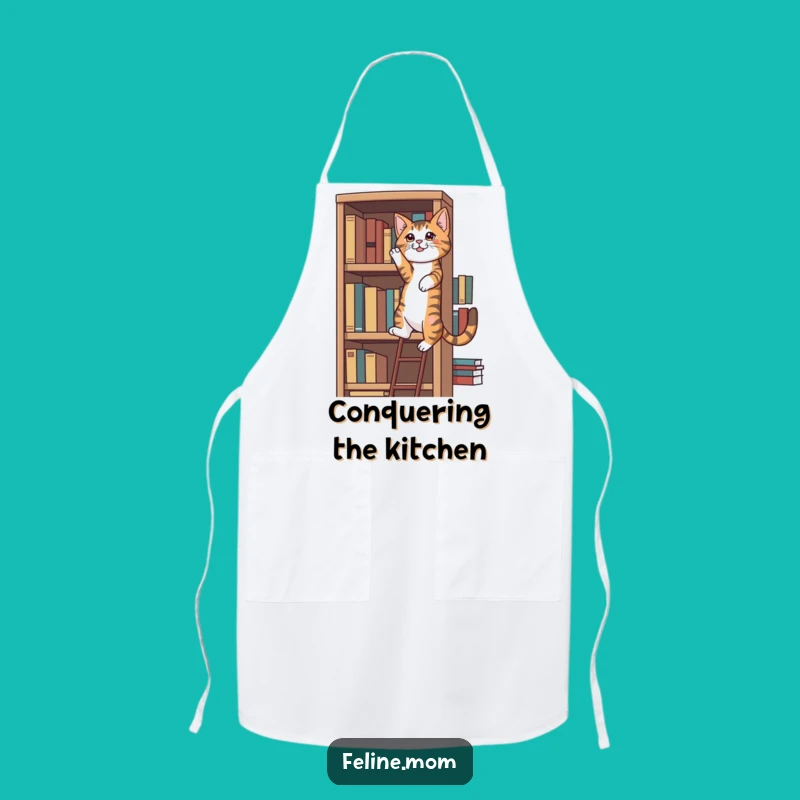 Funny Tabby Cat Apron: Bookshelf Climber's Kitchen Adventure!