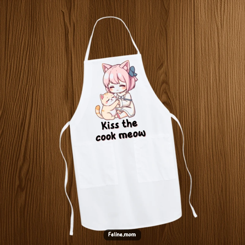 Funny Kawaii cat lady character gently petting a purring cat, on a functional and stylish apron. Perfect for the cat-loving cook.