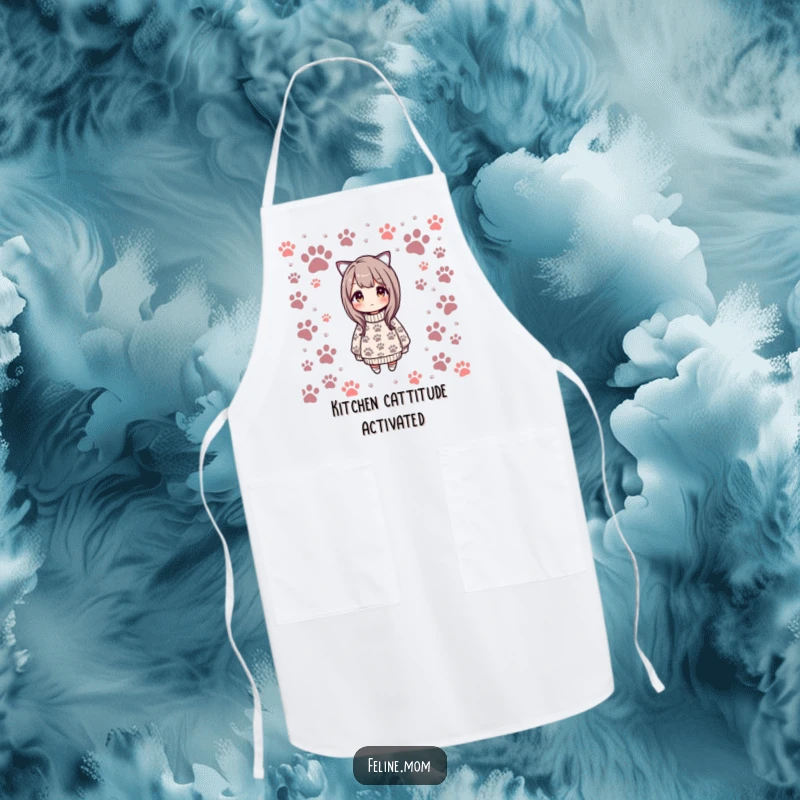 Funny apron mimicking a cozy sweater with cat paw prints, adding humorous and practical flair to kitchen activities for cat enthusiasts.