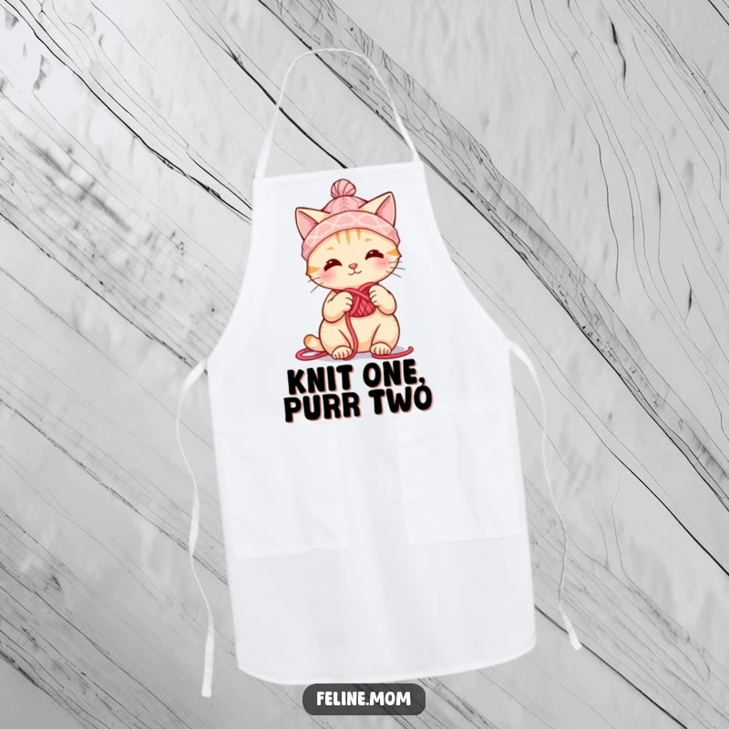 Funny cute cat wearing a yarn hat, knitting, a functional and funny gift for home cooks.