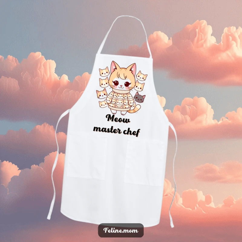 Funny Kawaii cat lady character wearing a cat-face sweater, sporting a functional and stylish apron. Perfect for kitchen fun.