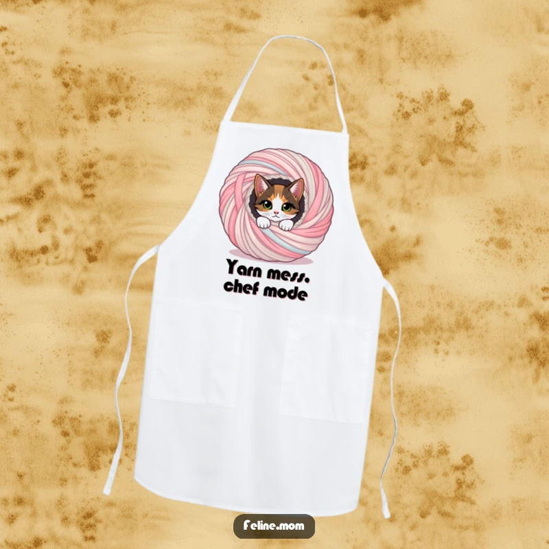 Funny calico cat peeking out of a yarn ball, a functional and funny gift for home cooks.