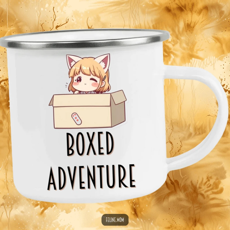 Funny camping mug depicting a woman sitting contentedly in a cardboard box, looking happy. A humorous travel mug.
