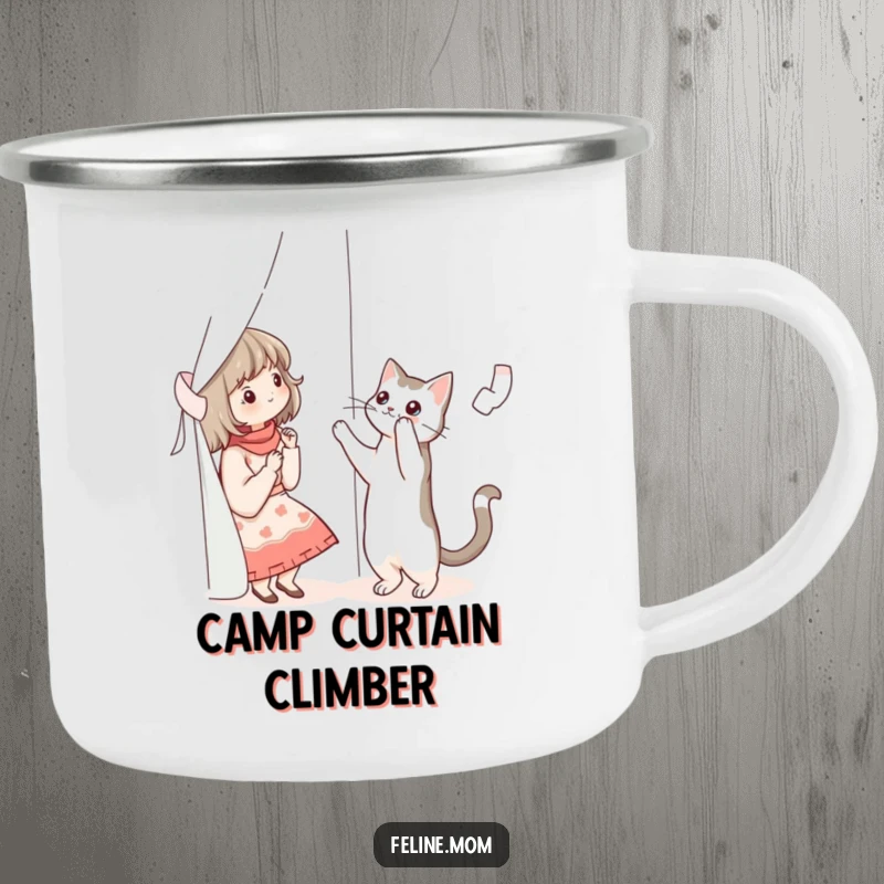 Funny illustration of a cat lady reaching for a cat climbing a curtain, on a rugged enamel camping mug.