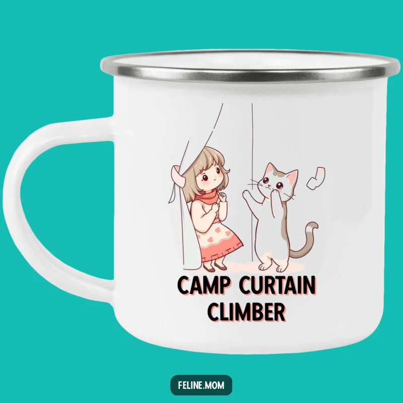 Funny Cat Lady Curtain Cat Enamel Camping Mug - Outdoor Adventure Gift