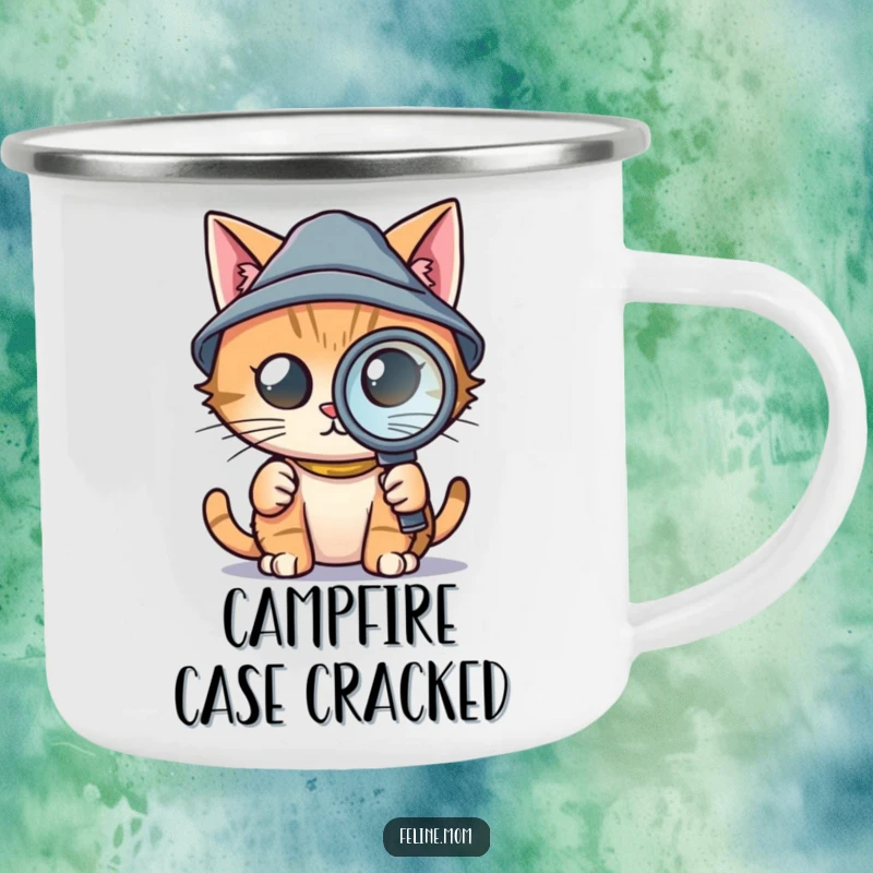 Funny camping mug with a cat wearing a tiny detective hat and holding a magnifying glass, ready for outdoor investigations, perfect for gifting.