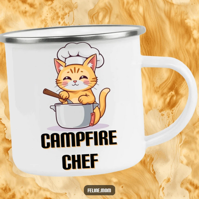 Funny Camping Mug with a ginger cat chef in a hat, stirring a pot, perfect for outdoor culinary adventures.