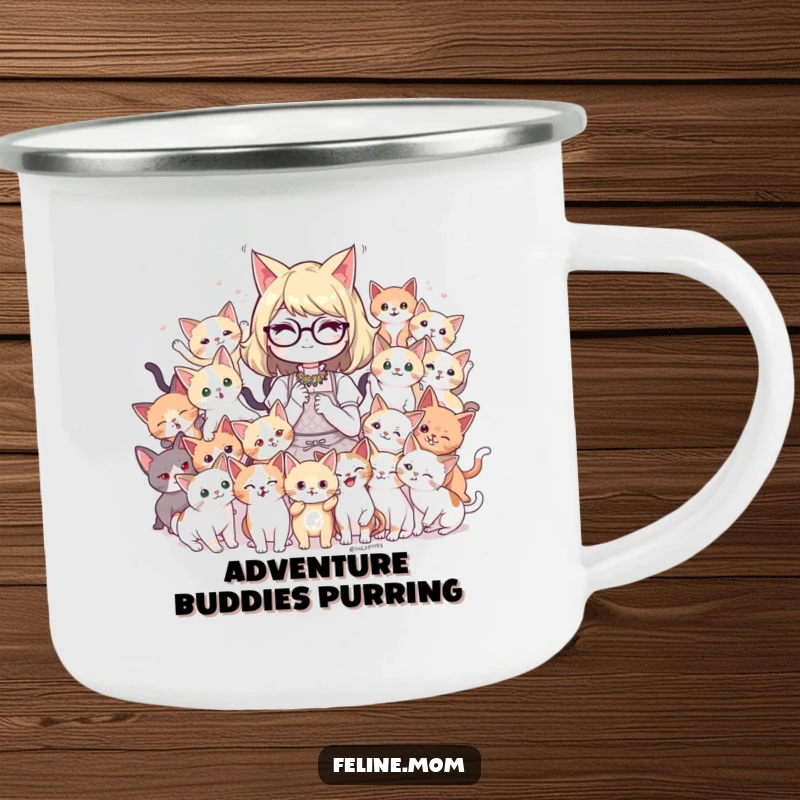 Funny cat lady character surrounded by a playful mob of kittens on a sturdy camping mug, perfect for outdoor beverages and cat lovers.