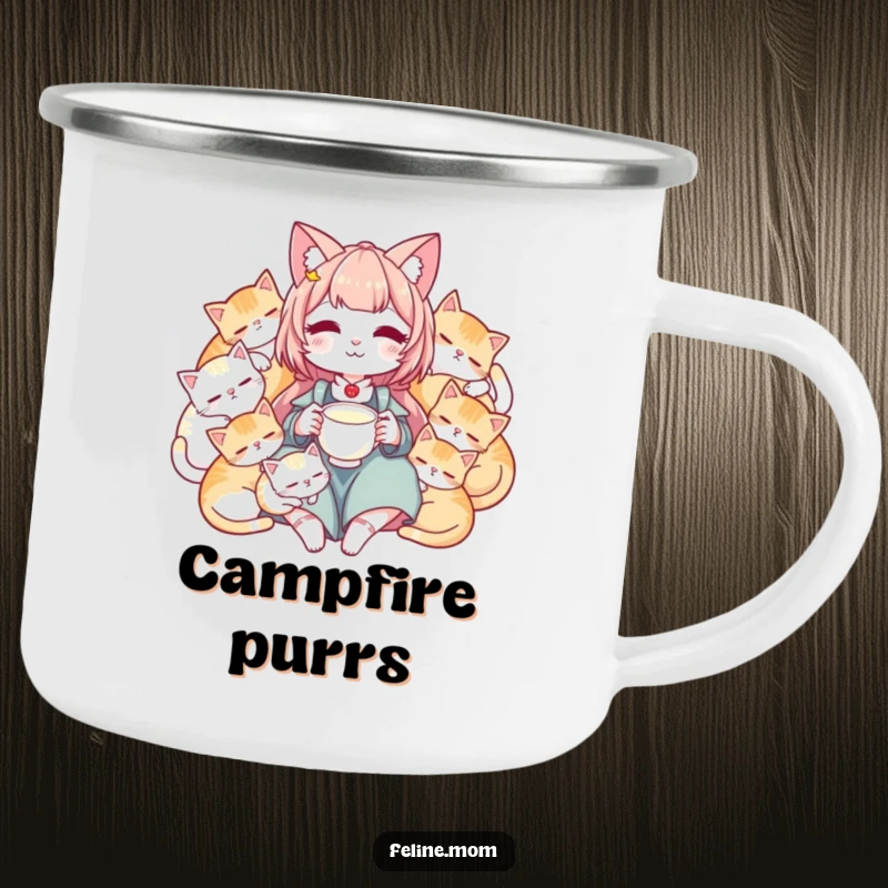 Funny camping mug showing a cat lady with sleeping cats, ready for peaceful outdoor enjoyment.