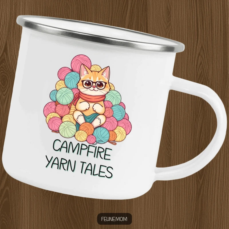 Funny cat lady with a comical mountain of yarn balls, on a rustic camping mug for cozy trips.