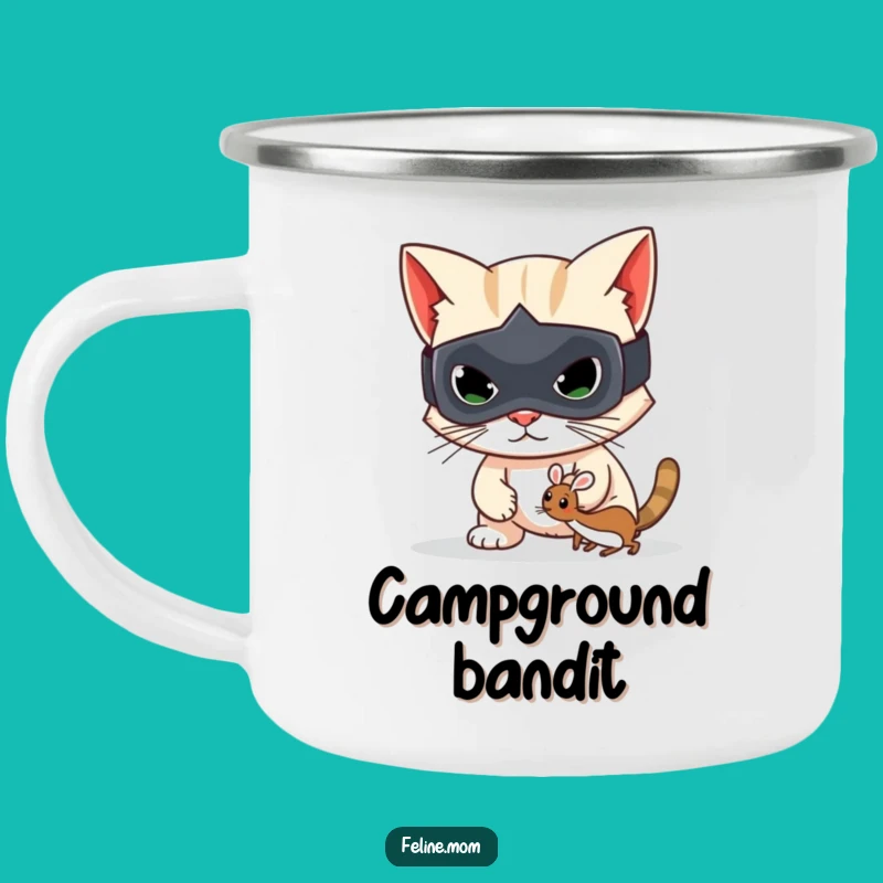 Funny Bandit Cat Camping Mug: Adventure Mischief, Coffee with a Toy Mouse Thief!
