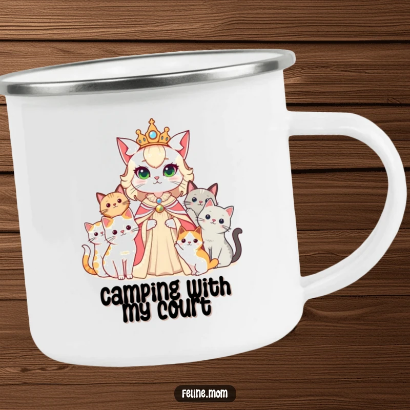 Funny cat lady as a queen, with her cats as her court, on a rustic camping mug for royalty.
