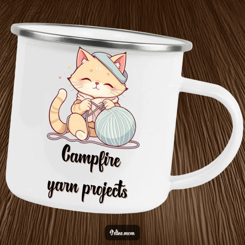 Funny cat lady character knitting a giant ball of yarn on a sturdy camping mug, perfect for outdoor crafting sessions and warm beverages.