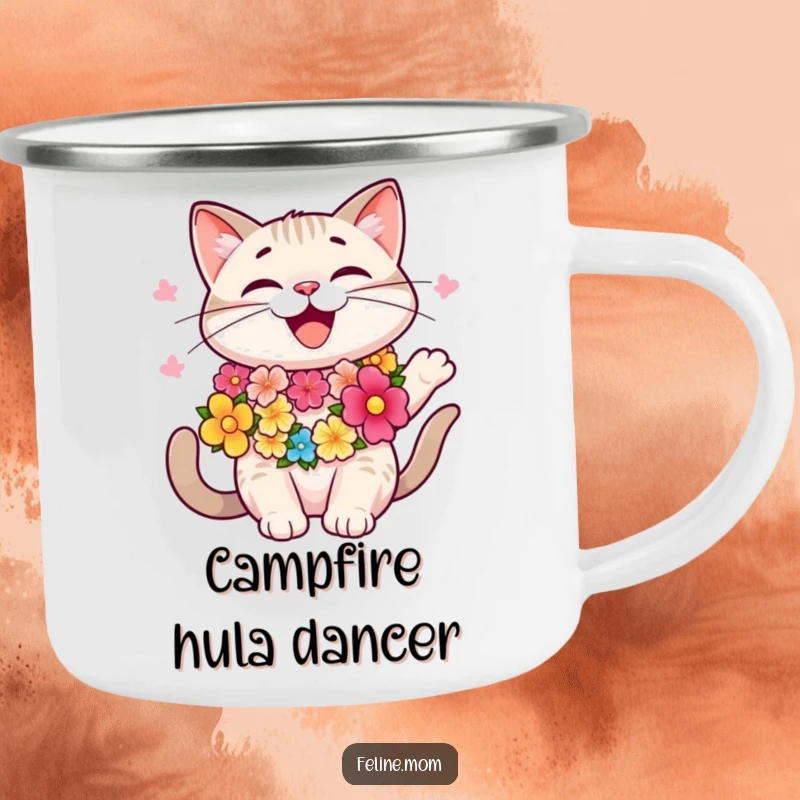 Funny happy cat wearing a colorful lei, swaying, tropical camping mug, outdoor drinkware, funny gift.