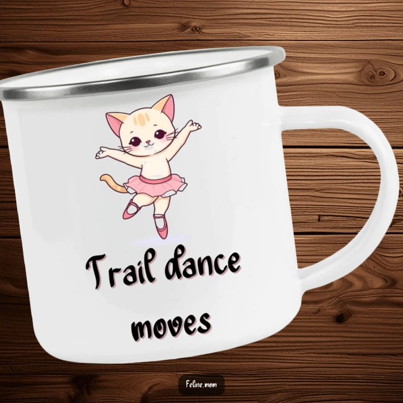 Funny Ballet Cat Camping Mug: A cat wearing ballet slippers attempting a pirouette, ready for outdoor elegance.