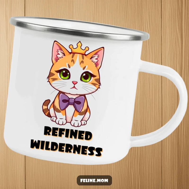 Funny Camping Mug with a regal calico cat wearing a bowtie, perfect for enjoying hot drinks during outdoor adventures.