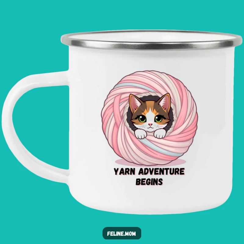 Funny Calico Cat Camping Mug: Yarn Ball Peek Adventure