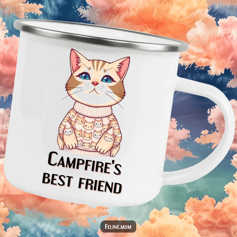 Funny cat lady camping mug featuring a cat face sweater design, ready for all your outdoor adventures.