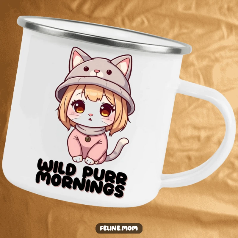 Funny cat lady illustration wearing a hat with cat ears, on a durable enamel camping mug for outdoor use.