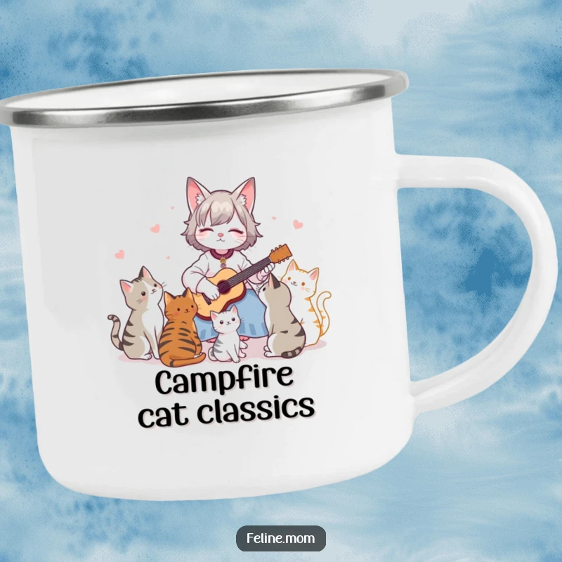 Funny Camping Mug: A cat lady plays a mini guitar for cats, perfect for enjoying a warm drink outdoors.
