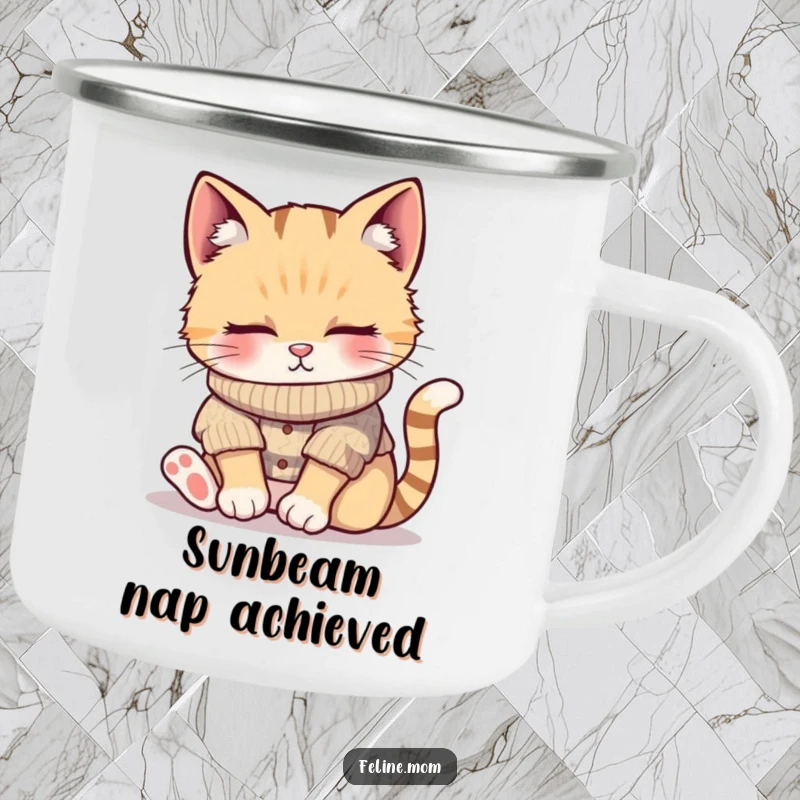 Funny camping mug with a cat wearing a knitted sweater, napping peacefully in a sunbeam, perfect for relaxing outdoors and bringing smiles, great gift.