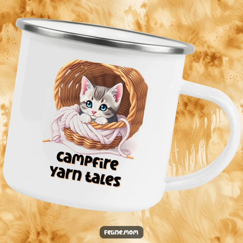 Funny Curious Kitten Knitting Camping Mug: A kitten peeks from a knitting basket, perfect for enjoying your favorite beverage outdoors.