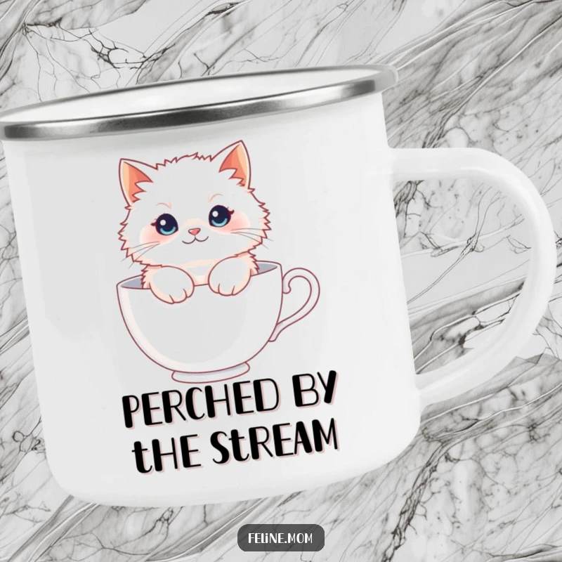 Funny Fluffy Cat Teacup Camping Mug: A white cat sits in a giant teacup, ready for your favorite beverage in the great outdoors.