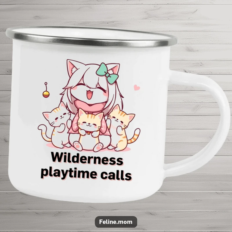 Funny Kawaii Cat Lady Camping Mug showing a cute character with cats batting at a dangling toy, perfect for outdoor fun.
