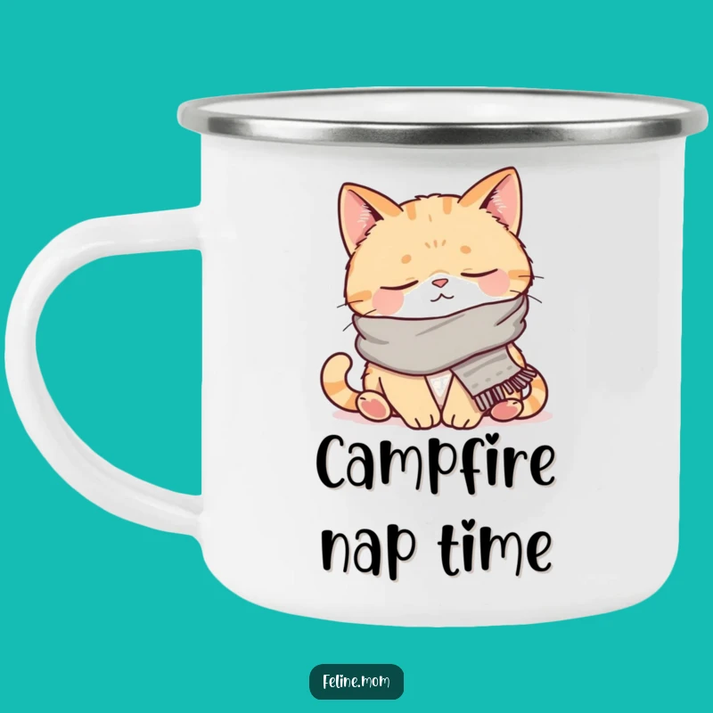 Funny Napping Cat Camping Mug: Durable Scarved Feline Enamel Cup, Relaxing Funny Gift
