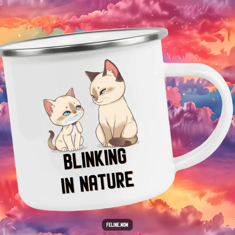 Funny Siamese Cat Camping Mug, a regal Siamese cat's slow blink adds a touch of calm to outdoor adventures around the campfire