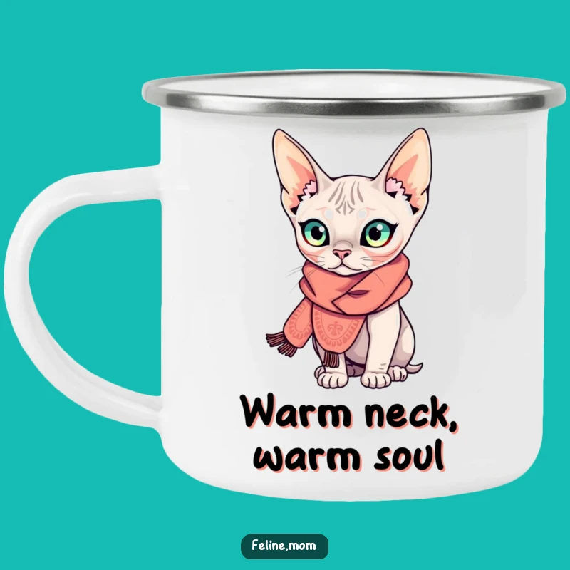 Funny Sphynx Cat Camping Mug: Scarfed Feline, Durable & Quirky Outdoor Gift