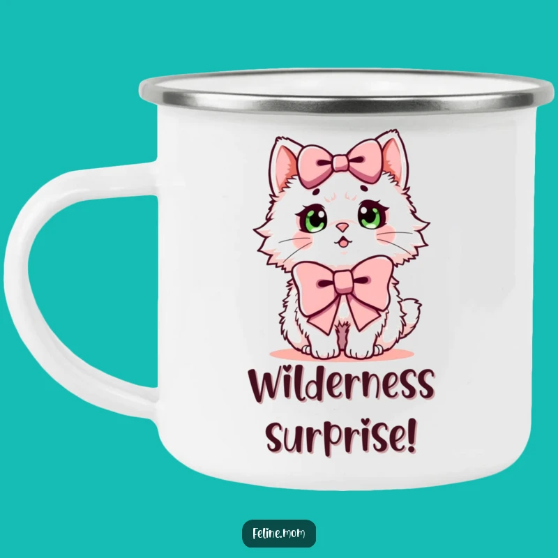 Funny Surprised Cat Camping Mug: Outdoorsy Feline, Bow Surprise Fun!